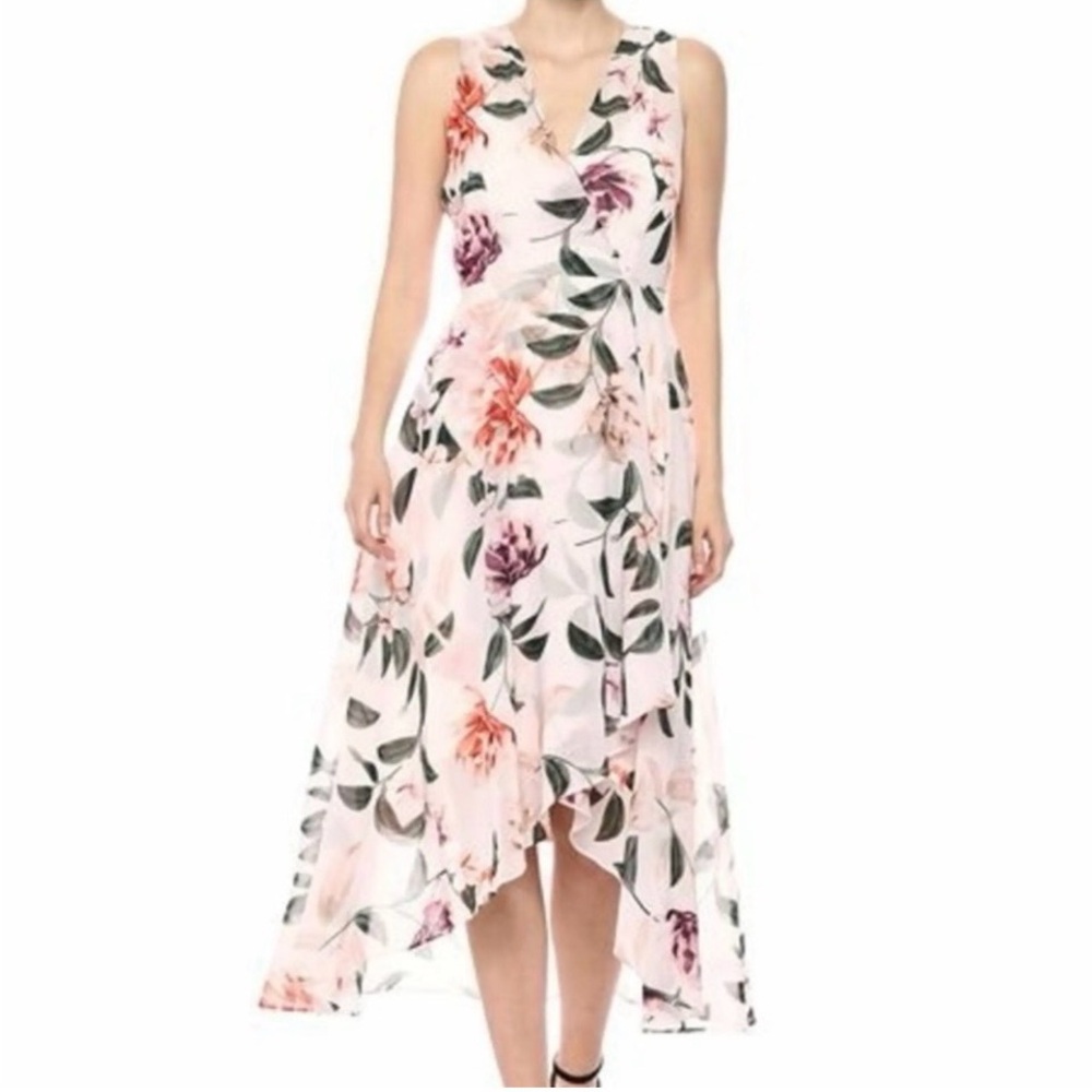 Calvin Klein Sleeveless Sheer Hi-low Faux Wrap Floral Midi Dress Size 8
